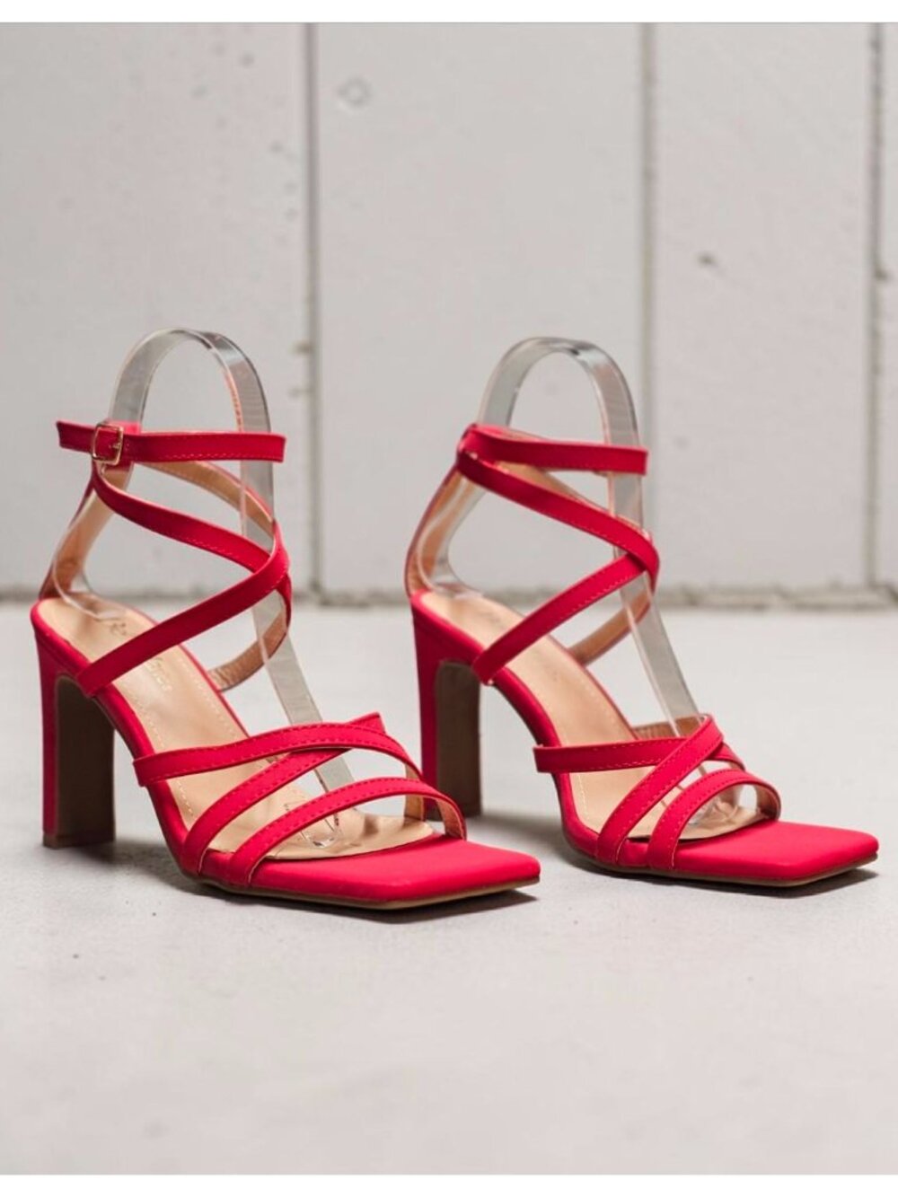 Red Strappy High-Heel Sandals With Square Toe & Adjustable Ankle Strap - Bella M
